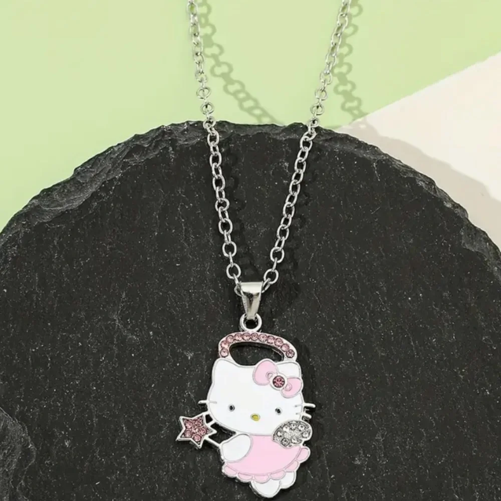 Sanrio Hello Kitty 2pcs Jewelry Set - Chic Pink Rhinestone Necklace & Bracelet,